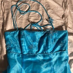 Vintage blue dragonfly beaded empire waist halter tie prom dress!! 💙🦋